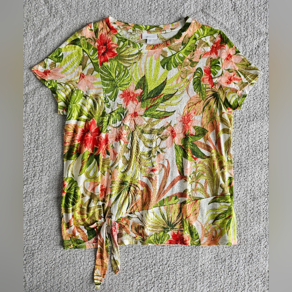 J Jill Love Linen Short Sleeve Crew Neck Floral Hibiscus Knot Front Top Size M